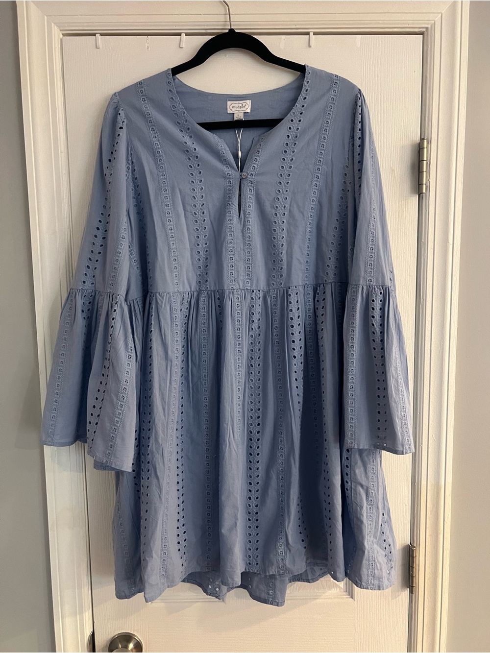 Mud Pie Dusty Blue Eyelet Tunic Dress with Fluted Sleeve-NWT
